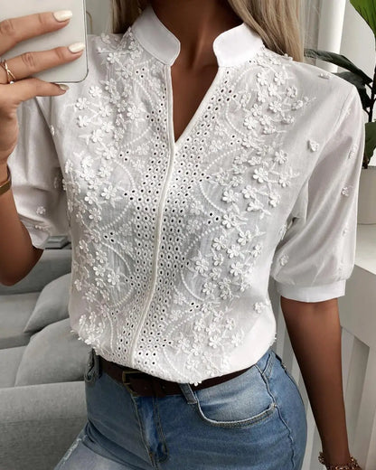 Summer Women's White Top Blouse New Fashion Elegnat V Neck Short Sleeve Casual Office Party Tops Shirts Female Lace Shirt