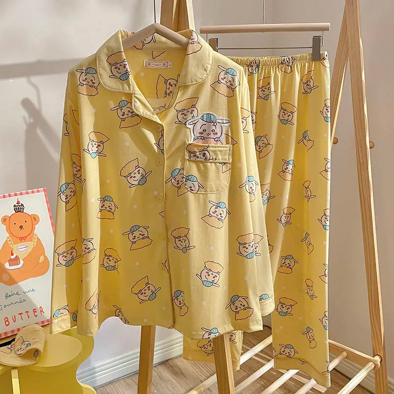 Kawaii Chiikawa Anime Pajamas Cartoon Usagi Hachiware Cute Girls Long Sleeves Long Pants Spring Autumn Student Home Clothes Set