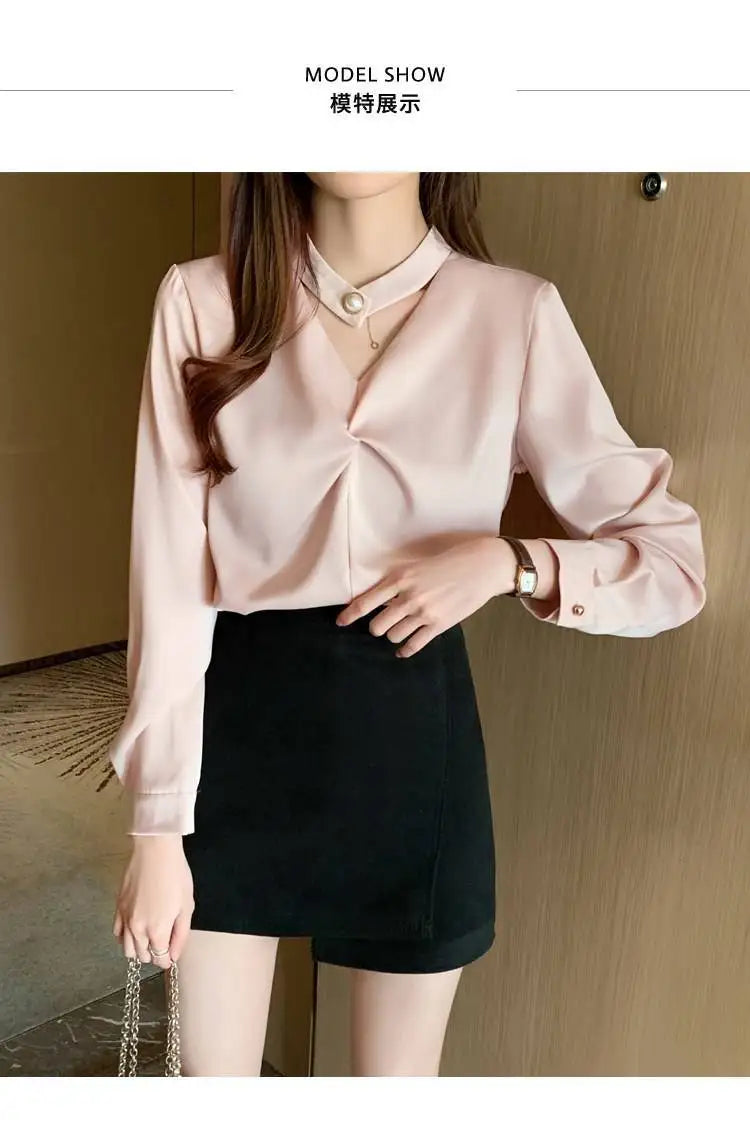 Satin Beading Halter V-Neck Woman Blouses 2022 Spring New Elegant Fashion Office Lady Long Sleeve Loose Commuter Shirts Female