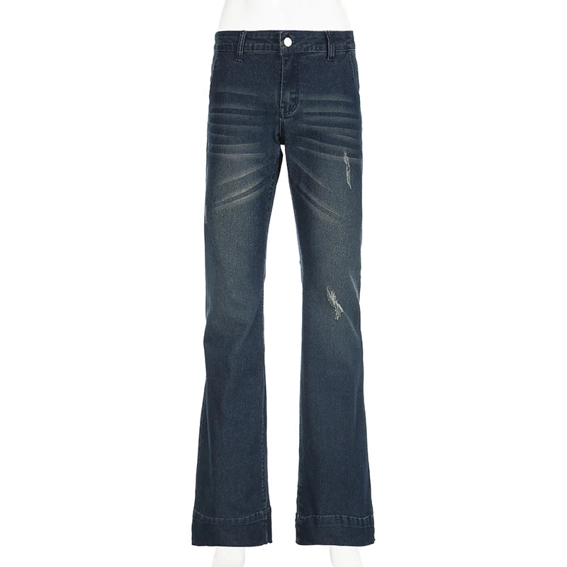 Weekeep Streetwear Low Rise Flared Jeans y2k Vintage Slim-fitting All-match Blue Denim Pants 2000s Casual Women's Jeans Harajuku