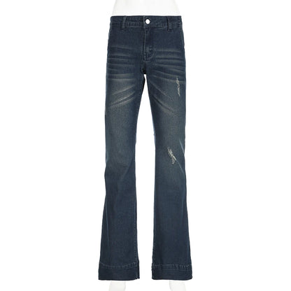 Weekeep Streetwear Low Rise Flared Jeans y2k Vintage Slim-fitting All-match Blue Denim Pants 2000s Casual Women's Jeans Harajuku