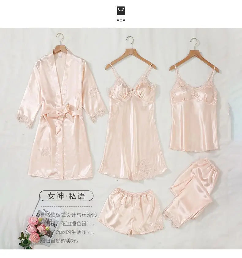5PCS Women's Ice Silk Sexy Pajama Set Breathable Lace Satin Pajama Bathrobe Five Piece Set Casual Home Clothes Spring and Summer