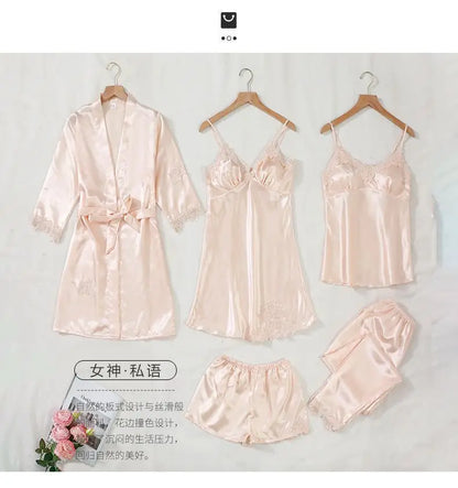 5PCS Women's Ice Silk Sexy Pajama Set Breathable Lace Satin Pajama Bathrobe Five Piece Set Casual Home Clothes Spring and Summer