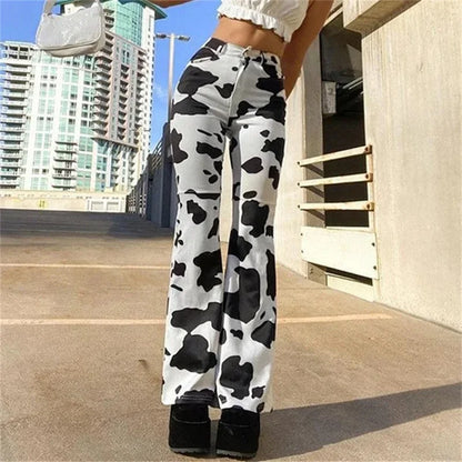 Cow Print High Waist Straight Jeans Women New Comfortable Casual Denim Pants Female Four Seasons Trousers 2024 Trend Streetwear black