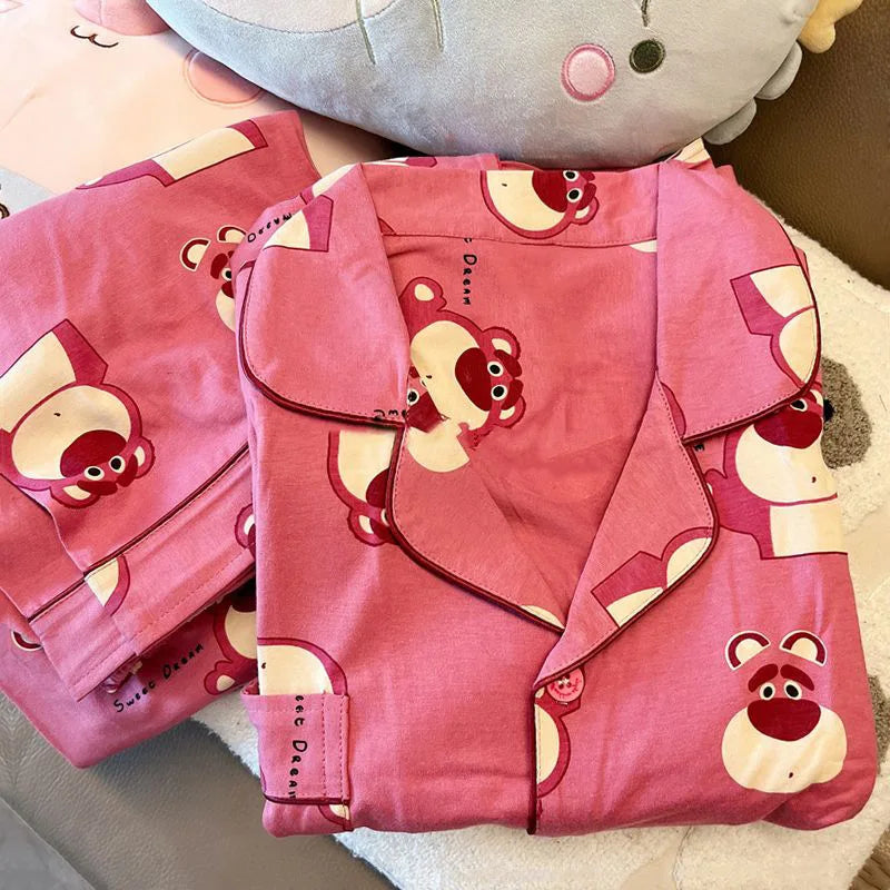 Disney Cartoon Strawberry Bear Home Outfit Women's Long Sleeved Pants Pijama Sleepwear for Sleeping Pajama Sets 1