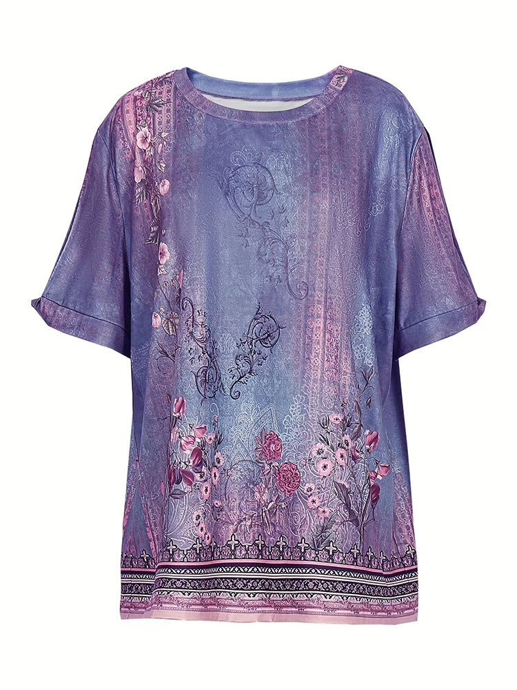 Plus Size 2024 Summer New Women's Printed Pattern Round Neck T-Shirt Short Sleeve Pullover Best for Summer