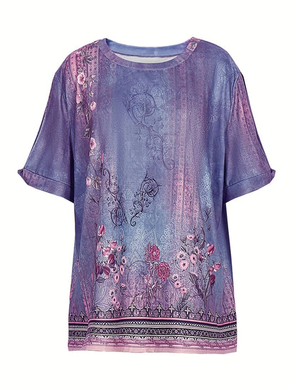 Plus Size 2024 Summer New Women's Printed Pattern Round Neck T-Shirt Short Sleeve Pullover Best for Summer