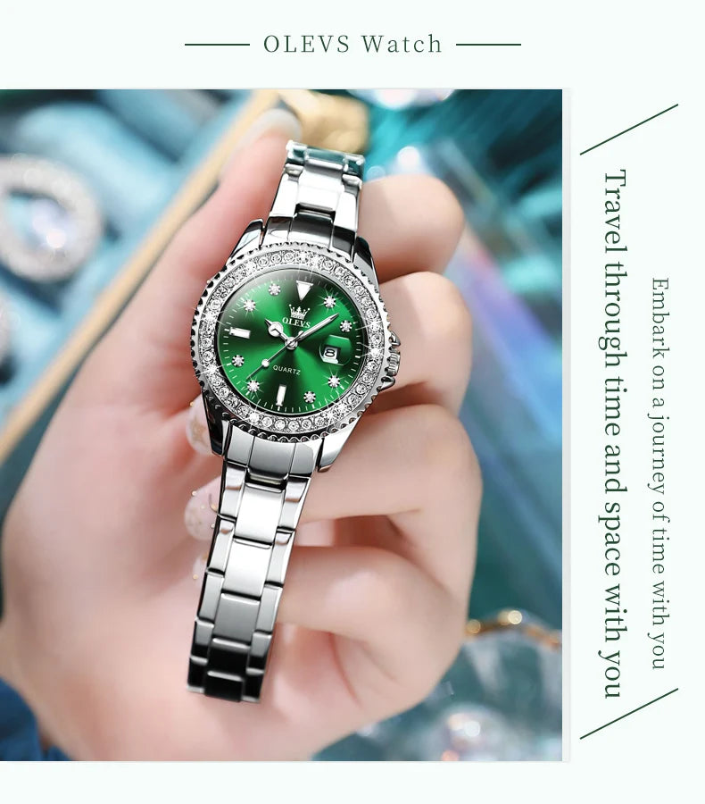 OLEVS Original Diamond Dial Quartz Watch for Women Fashion Elegant Ladies Watches Stainless Steel Waterproof Women's Wristwatch