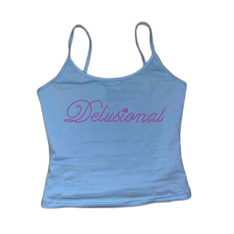 Vintage Punk Rhinestone Letter Gothic Sleeveless Streetwear Short Sleeve Sexy T Shirt Y2k Style Crop Tank Top Women Summer Camis Gold