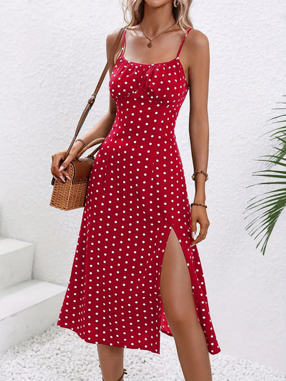 2024 Summer Sexy Spaghetti Straps Dress Women Fashion Polka Dot Print Sleeveless Slit Dress Boho Casual Beach Midi Dresses Badiee Stylez