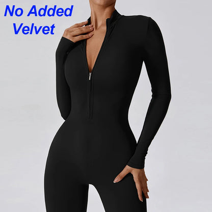 Warm Thin Fleece Jumpsuits Women's Tracksuit Winter One-Piece Sports Suit Black Fitness Jumpsuit Long Sleeves Workout Bodysuit Badiee Stylez