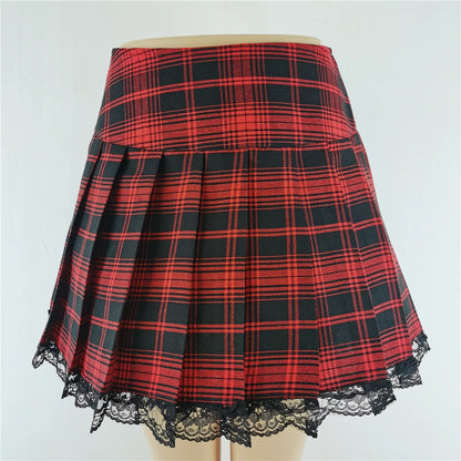New Contrast Lace Plaid Pleated Skirt Vintage Sexy Skater Clothes Harajuku Gothic Punk England Style Y2k Skirt 9541-2HOS