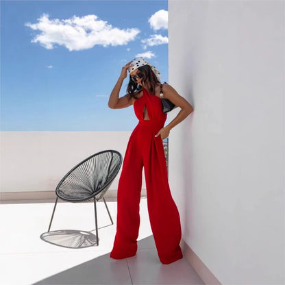 Sexy Solid Sleeveless Jumpsuit Spring Summer Fashion Commuter Women's Elegant Lapel Halter Neck Folds Wide Leg Trousers Jumpsuit Badiee Stylez