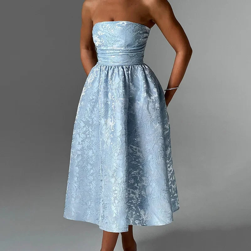 Strapless Backless Bodycon Sexy Dress Women  Elegant Evening Party Dress Jacquard Satin Long Summer Dress Vestidos Badiee Stylez