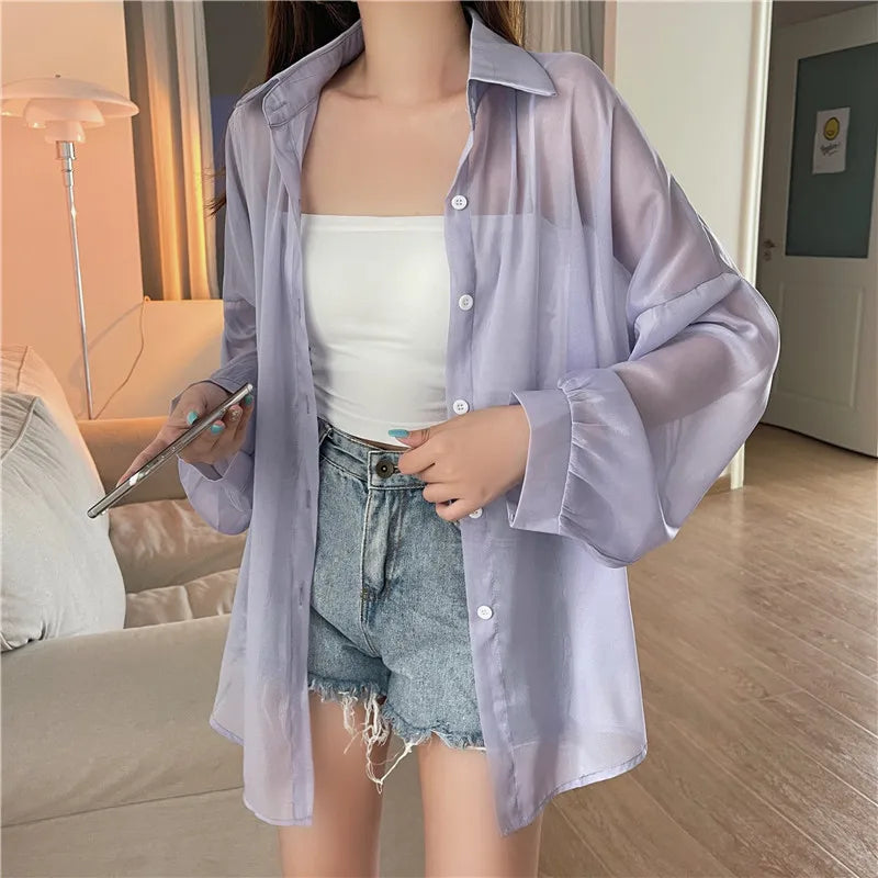 Semi Sheer Long Sleeve Shirt for Women Shimmer Button Down Collared Plain Lightweight Shirt Spring Summer Chic Tops Outfit