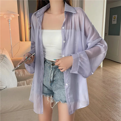 Semi Sheer Long Sleeve Shirt for Women Shimmer Button Down Collared Plain Lightweight Shirt Spring Summer Chic Tops Outfit