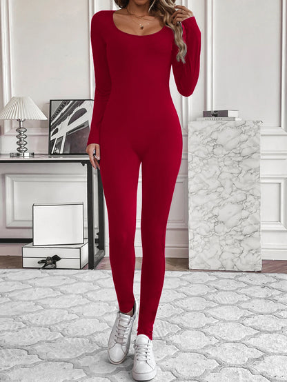 European and American sexy chest revealing waist cinching boat collar long sleeved small hole strip jumpsuit Badiee Stylez