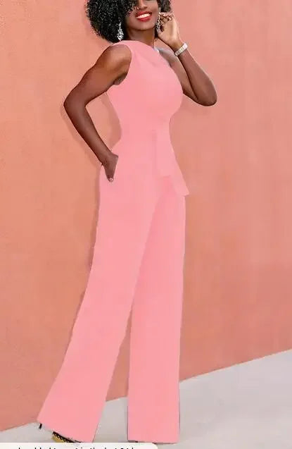 Women's Jumpsuit Solid Skew Collar Crop Top Straight Pants Belt Sexy Sleeveless Loose Pants Elegant Charming Playsuits 2024 Badiee Stylez