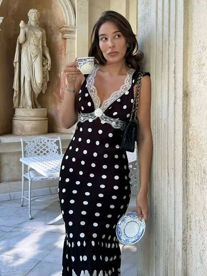 Polka Dot Ruched Dress Elegant Birthday Party Skinny Bodycon Sexy Backless Dress Women Flying Sleeve Lace Trim Applique