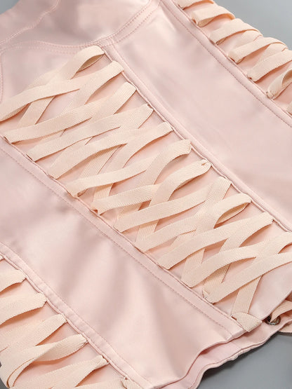 Pink Prom Dress Strapless Pink Structured Top With Floral Embellished Mini Skirt Bodycon Celebrity Party Cocktail 2 Pieces Set