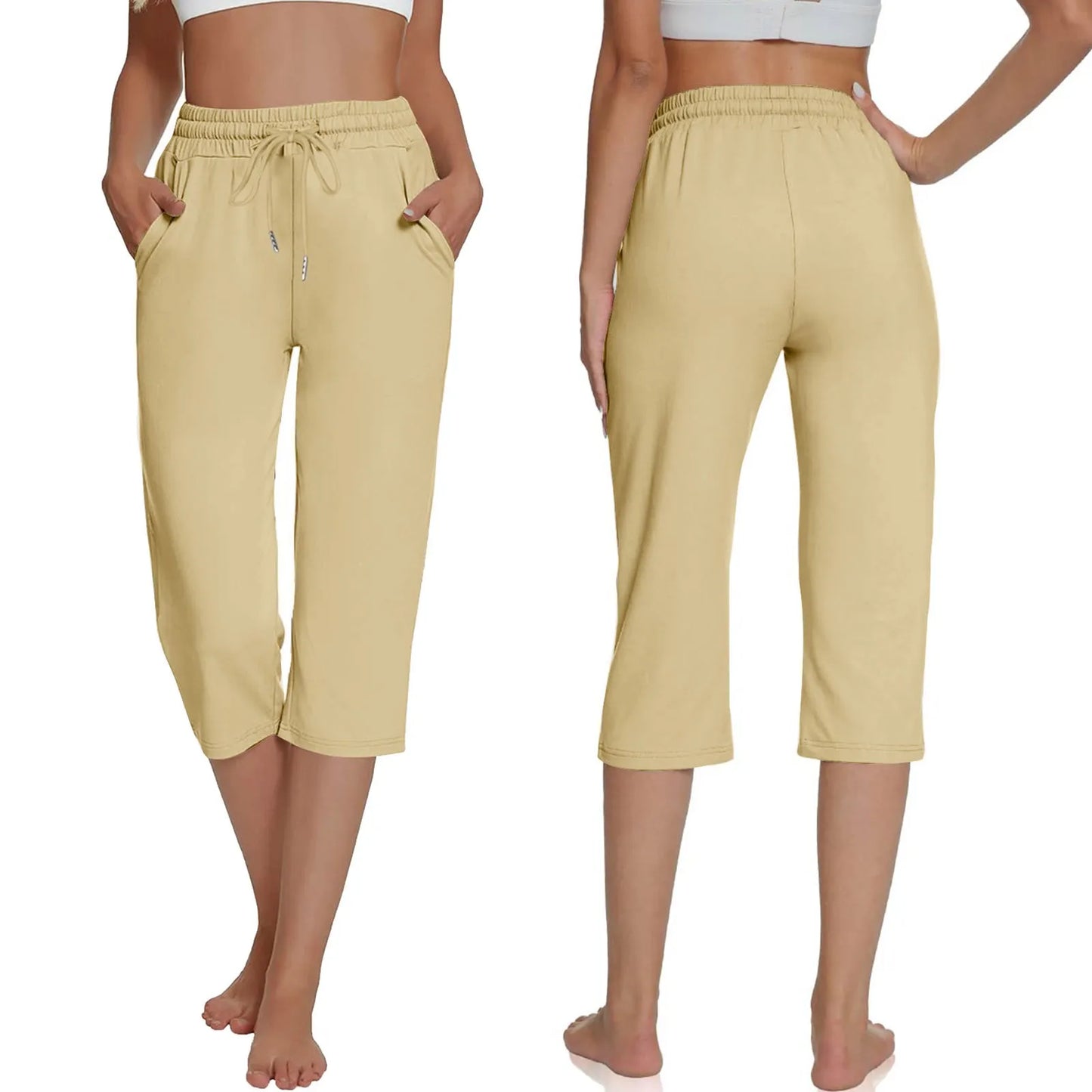 Solid Color Simple Classic Cropped Capris Pants For Women Summer Fashion Slimming Daily Versatile Sports Elastic Short Pants Khaki