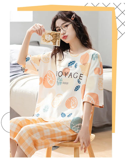 Summer Ladies Pajamas Loungewear Set Women's Summer Short Sleeve Cropped Pants Loungewear Thin Korean Casual Two-Piece Set