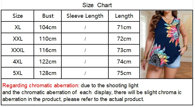 Women's Plus Size Sunflower Print Summer Casual V Neck Sleeveless Tank Top