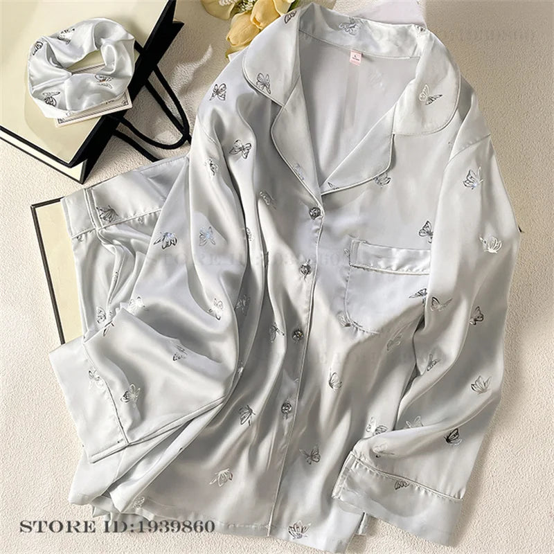 Women Long Sleeve Pajamas 2PCS Set Spring Summer New Sleepwear Loungewear Fashion Stripes Pyjama Pour Femme Loose Satin Homewear Gray Pajamas 11