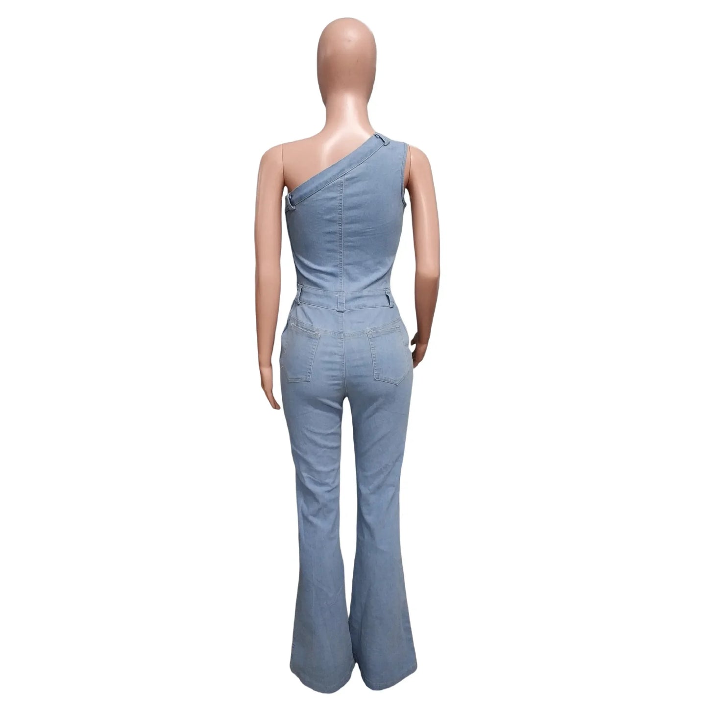 Flare Denim Pants Full Length Women Jeans One Piece Overalls Spliced Solid Jumpsuits Loose Pockets High Waist Basics Washed