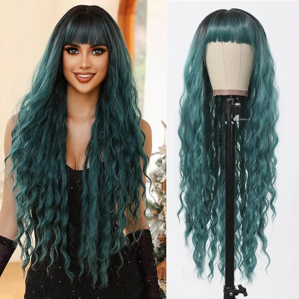 Super Long Curly Silver Synthetic Wig with Fluffy Bangs White Water Wave Hair Wigs for Women Daily Use Cosplay Colored Hair Wig LC1102-1