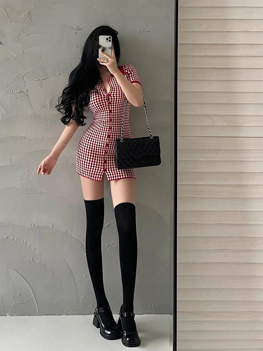 American Style Diamond Checkered Lapel Single Breasted Slim Short Sleeved Dress Elegant Tight Thin Dress T Shirt Mini Dress X0P7 Badiee Stylez