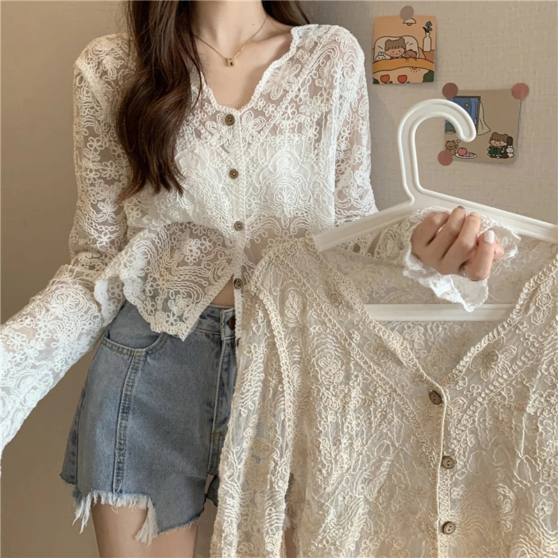 Vintage Summer Lace Blouses Women See Through Sheer Long Sleeve Sun Shirts Korean Style Casual Sun Protection Sexy Ladies Tops
