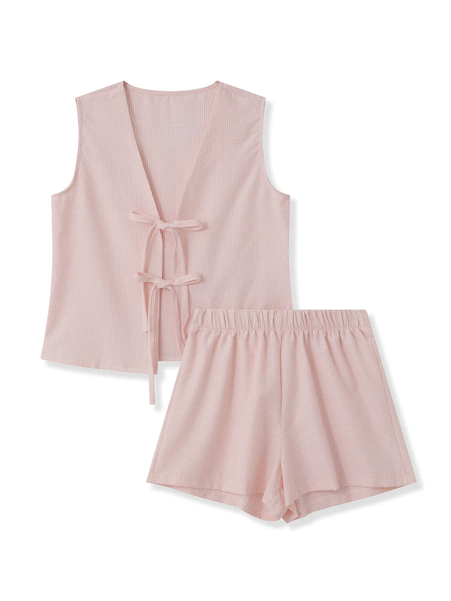 Women 2-Piece Shorts Set Plaid Print Lacing V-Neck Sleeveless Tank Tops Elastic Waistband Shorts Loungewear Outfits Pink