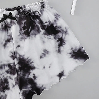 summer Pajamas Sets Women Sleepwear Sexy Lingerie Cute Tie-dyed Print Sleeveless O-Neck Thin Tops with Shorts Set Underwear