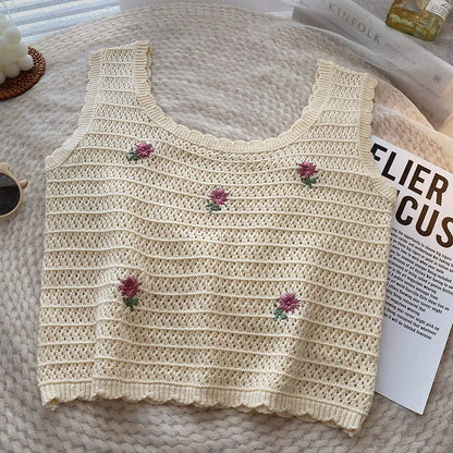 Women Summer Flower Embroidered Knit Tank Tops O-Neck Sleeveless Sweet Camisole Crochet Outer Wear Vintage Loose Inner Crop Tops