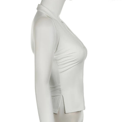Cuteandpsycho Halter Neck Sext Tops Solid Basic Clubwear Fashion Slim Backless Cloth for Women Y2K Vintage 2000s Streetwear Tee