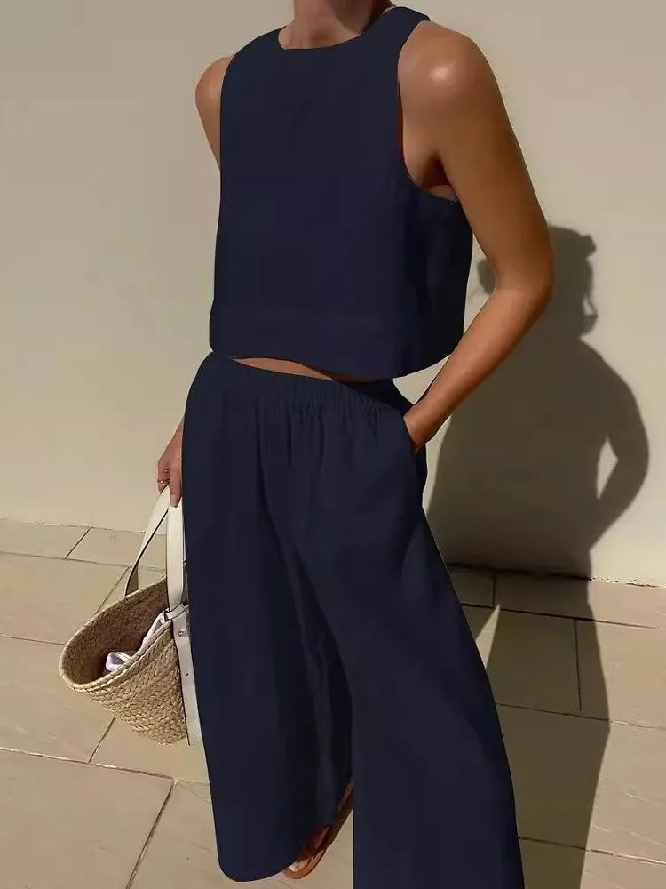 Women's Solid Color Casual Sleeveless Shirt And Pants Two Piece Summer Loose Simple Wide Leg Pants Vest Female 2025