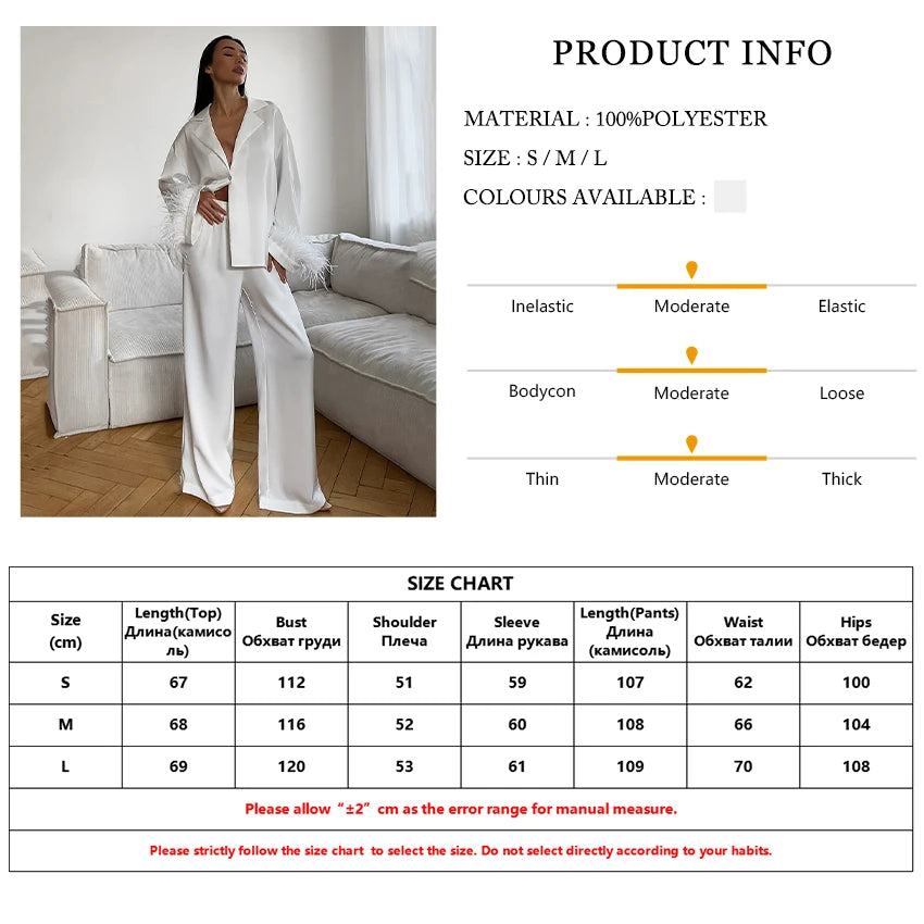 Marthaqiqi Feathers Female Nightgowns Suit Sexy Turn-Down Collar Sleepwear Long Sleeve Nightwear Pants Fashion Women Pajamas Set