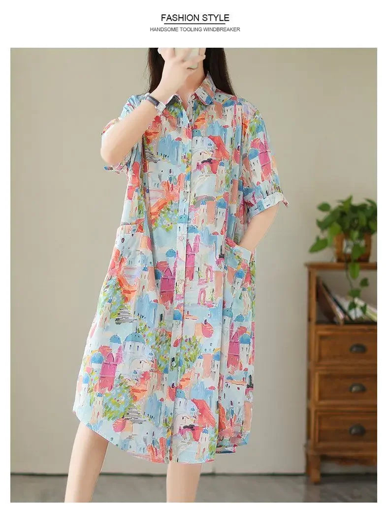 Fashionable Cartoon Printed Short-sleeved Shirt Skirt for Women in Summer Loose Dress