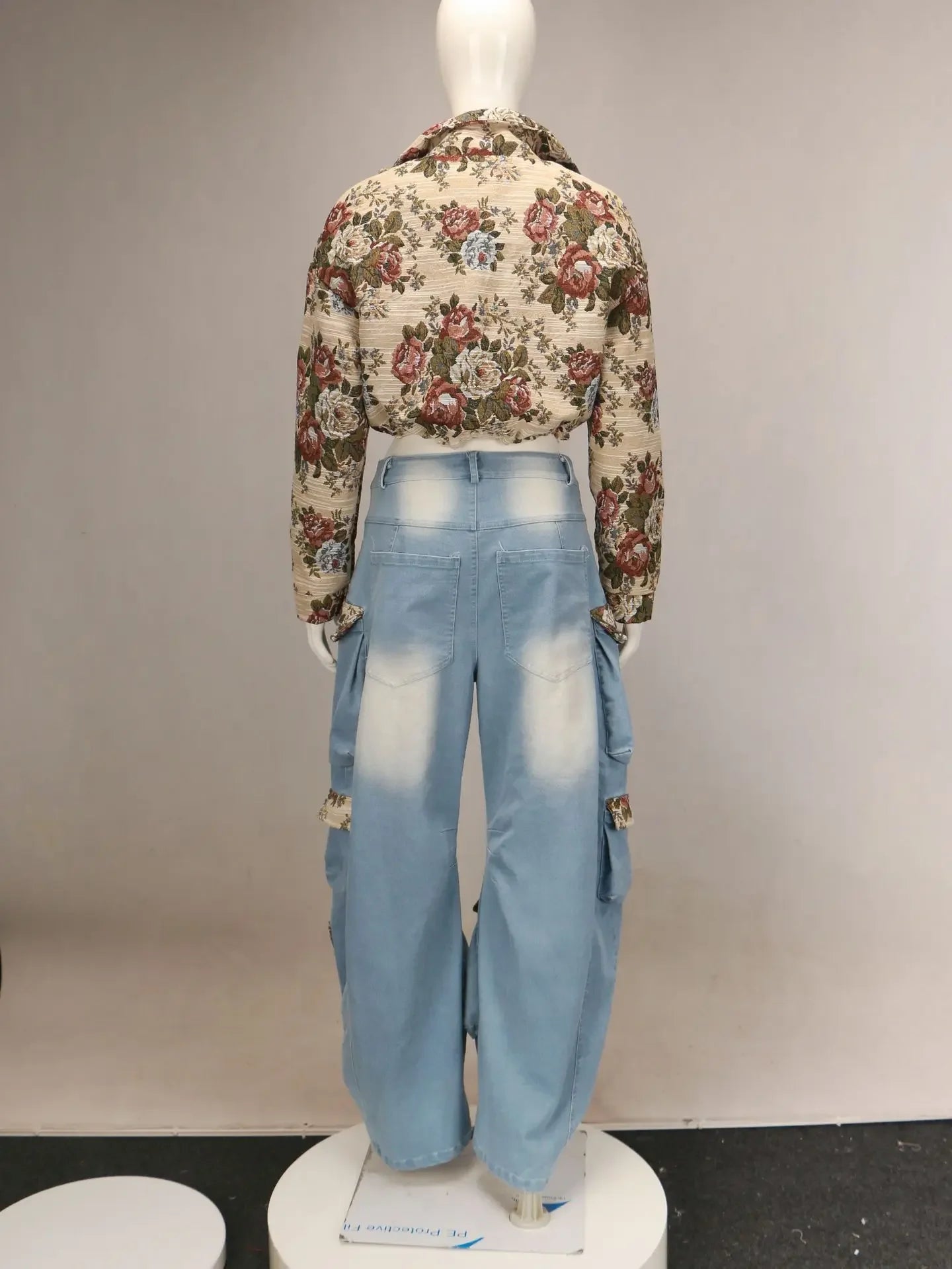 BWQ Washed Denim Women's Set Full Sleeve Floral Jacket and Pockets Cargo Jeans Pants Suit 2025 Street Two 2 Piece Set Outfit