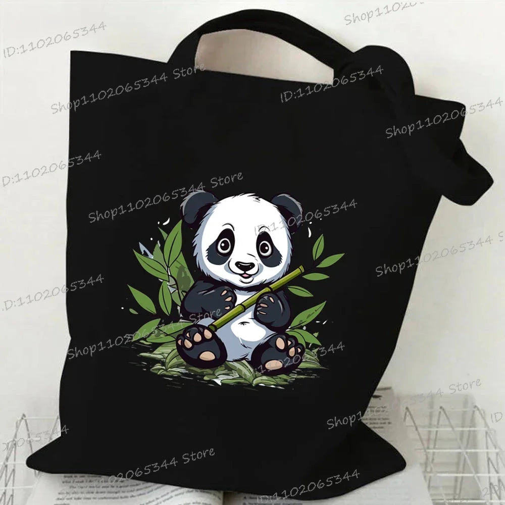 Canvas Bag for Women Cartoon Panda Printed Shopper Handbags Storage Reusable Canvas Shoulder Bag China Panda Female Tote Bag 2