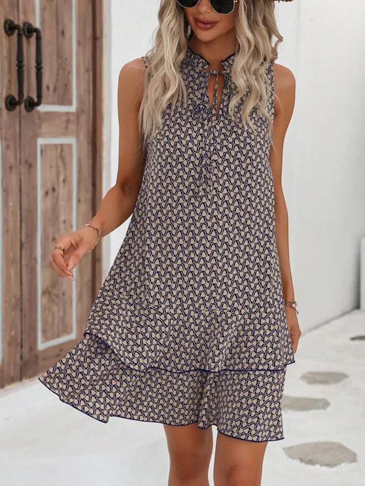 2025 Elegant Women's Casual Loose Ruffle Mini Dress Summer Bohemian Printed V-neck Lace-up Small Flying Sleeve Dresses For Women