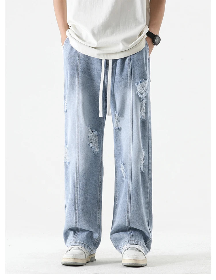 Men's Summer Ripped Jeans Loose Straight Leg Retro Men Draw Rope Port Fashion Brand All-match Casual Pants