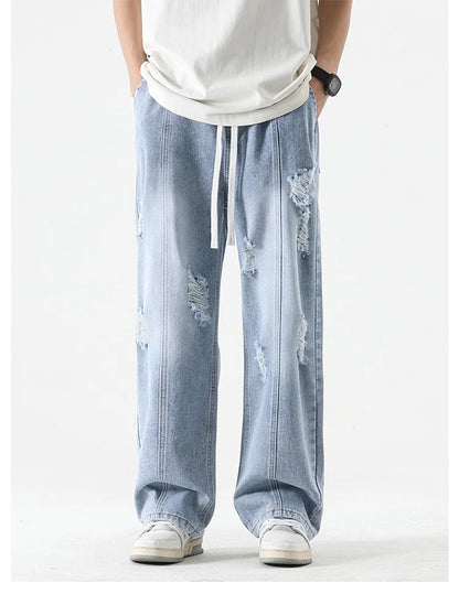 Men's Summer Ripped Jeans Loose Straight Leg Retro Men Draw Rope Port Fashion Brand All-match Casual Pants