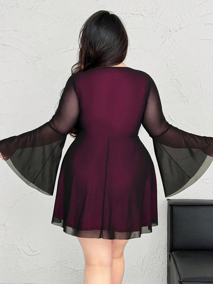 Plus Size 2025 New Sexy Color Crash V Neck Love Heart Flared Sleeve Long Sleeve A Pendulum Dress Short Dress