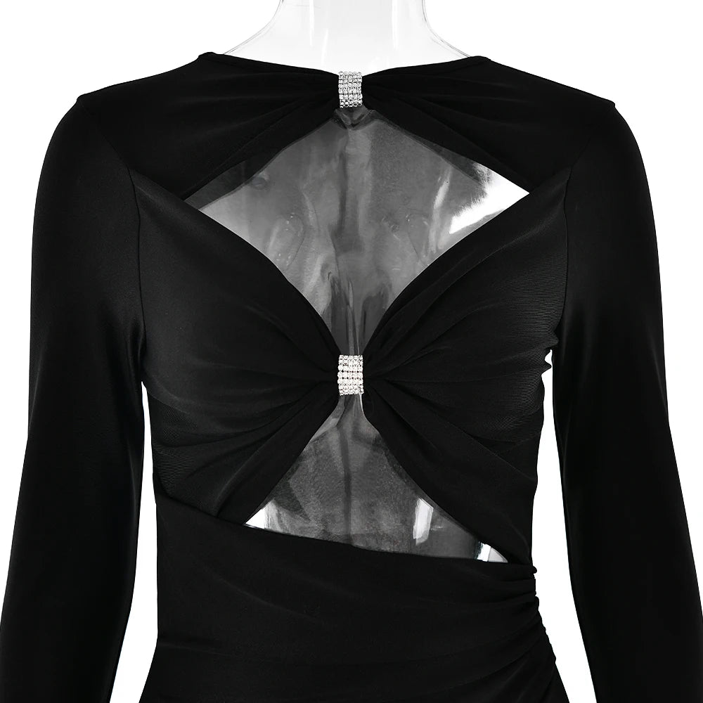 Articat Sexy Hollow Out Long Sleeved Elastic Tight Dress Women Pleats Double Layered Female Vestidos Elegant Party Evening Dress