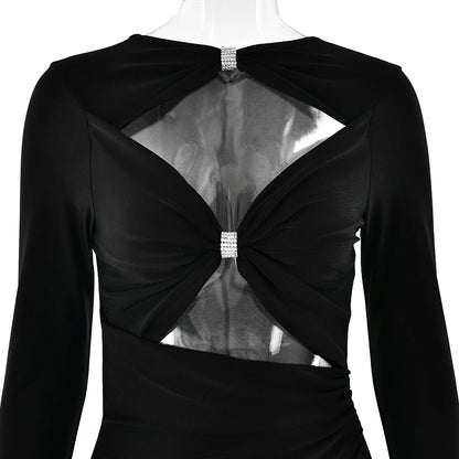 Articat Sexy Hollow Out Long Sleeved Elastic Tight Dress Women Pleats Double Layered Female Vestidos Elegant Party Evening Dress