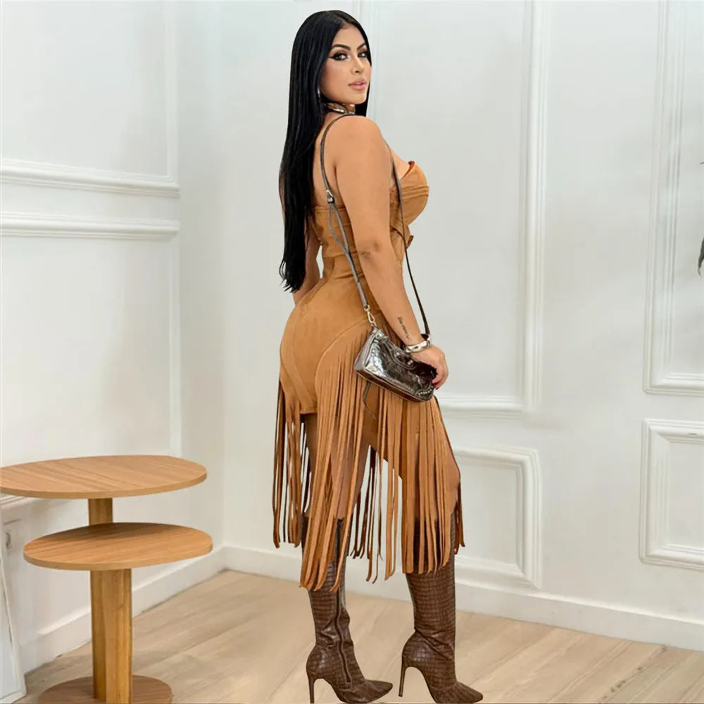 RLMABABY Sexy Strapless Tassel Bodycon Mini Dress Women Gown Slim Backless Sleeveless Metal Buckle Club Party Sheath Short Dress