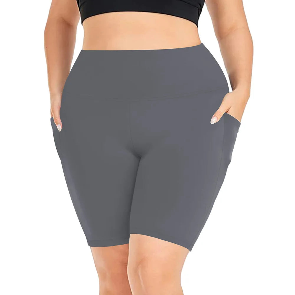 Women's High-Waisted Yoga Shorts Plus Size Workout Leggings with Dual Pockets Stretch European Style Activewear for Gym & Casual Dark Grey