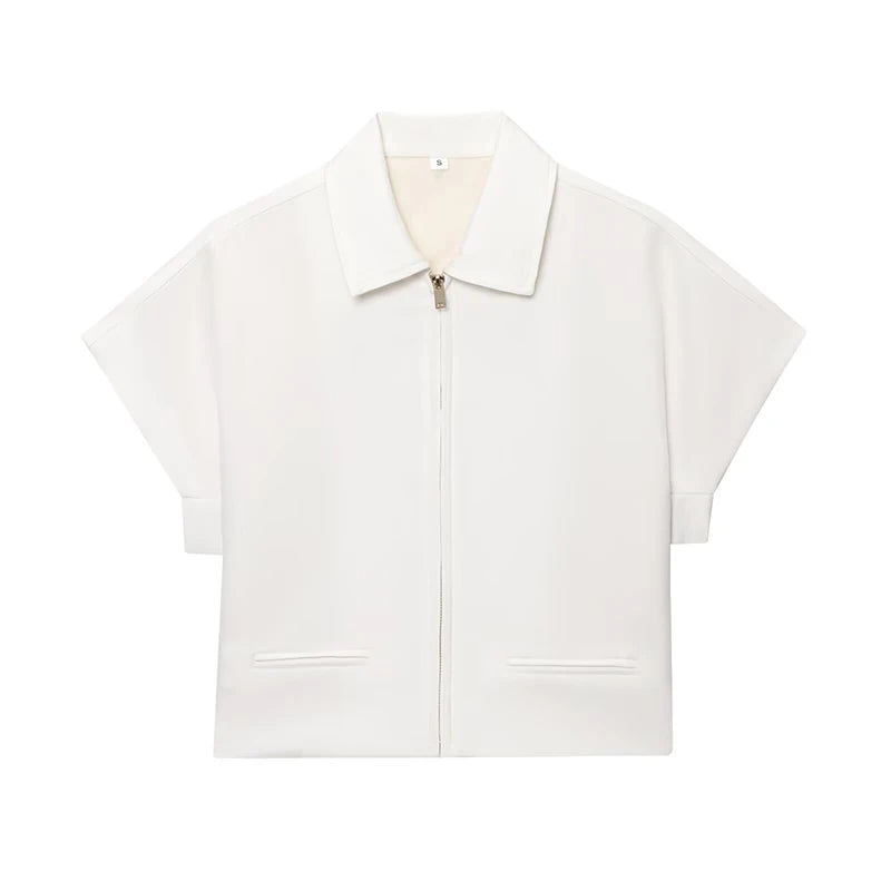 RAFZNB Women's Cropped Jackets Coats Fashion Turn-down Collar Short Sleeve Coats Casual Female Outerwear Chic Tops